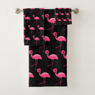 BLACK PINK FLAMINGO BRIGHT BATHROOM TOWEL SET