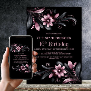 Black Pink Floral 16th Birthday Party Invitation