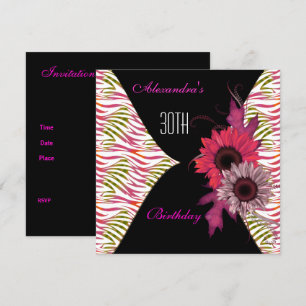 Black Pink Floral 30th Birthday Party Invitation