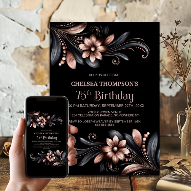 Black Pink Floral 75th Birthday Party Invitation (Creator Uploaded)