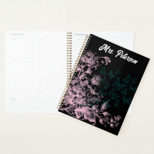 Black Pink Floral Butterfly Womens Weekly Planner 