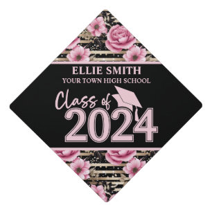 Black Pink Floral Class of 2024 Graduation Cap Topper