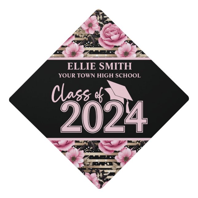 Black Pink Floral Class of 2024 Graduation  Graduation Cap Topper (Front)