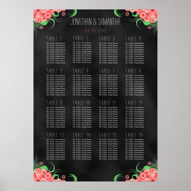 Black & Pink Floral DIY 16 Table Seating Chart (Front)