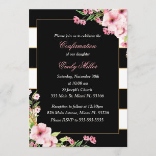 Black Pink Floral Girl Confirmation Invitation