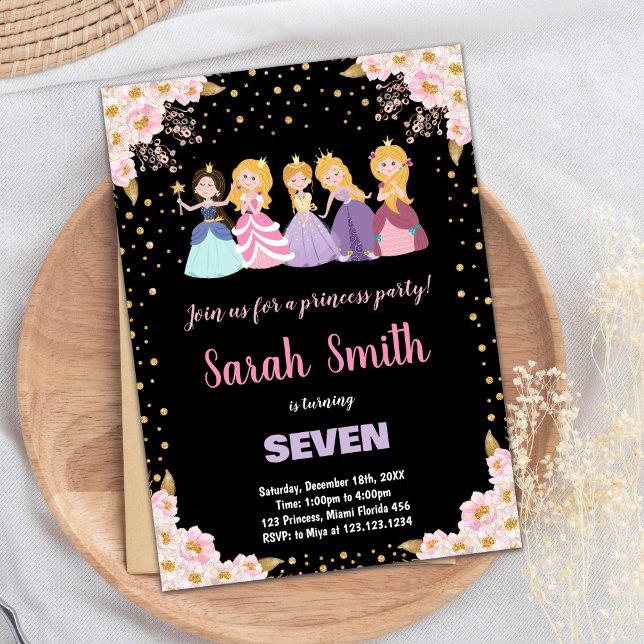 Black Pink Floral Glitter Princess Invitations (Black Pink Floral Glitter Princess Invitations)