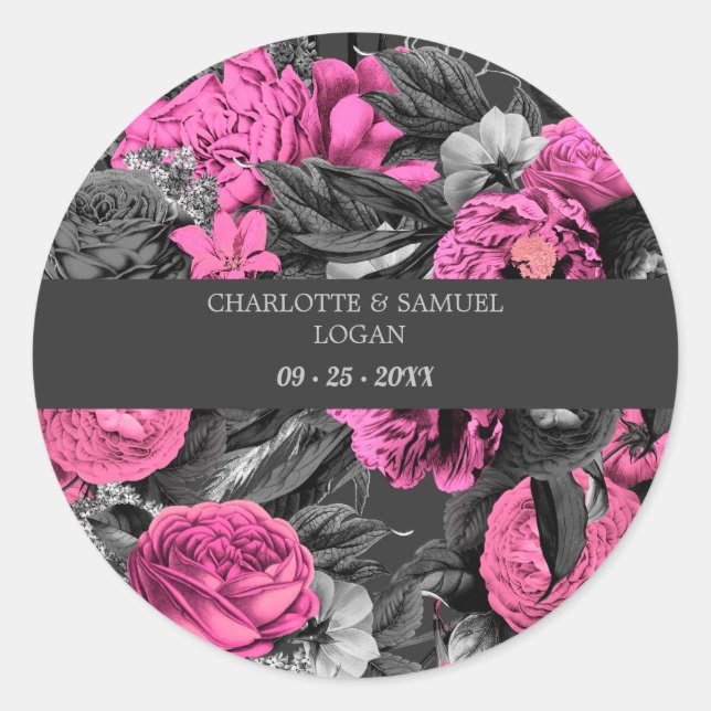Black Pink Floral | Modern Chic Floral Wedding  Classic Round Sticker (Front)