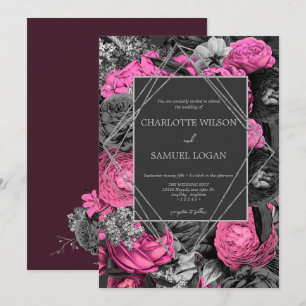 Black Pink Floral   Modern Chic Floral Wedding Inv Invitation