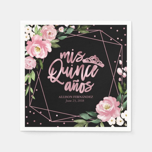  Black Pink Floral Quinceanera Napkin (Front)