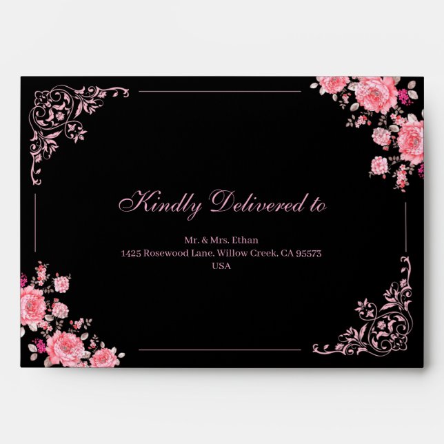 Black & Pink Floral wedding  Envelope (Front)