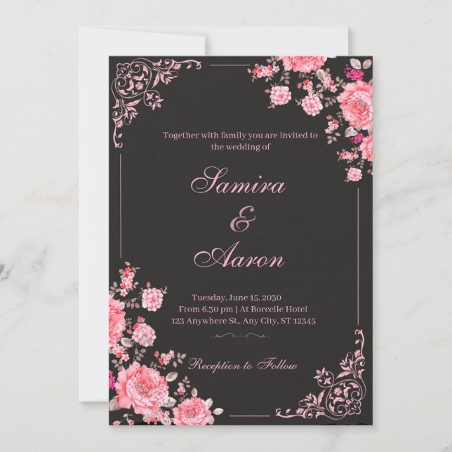 Black & Pink Floral Wedding Invitation (Devant)
