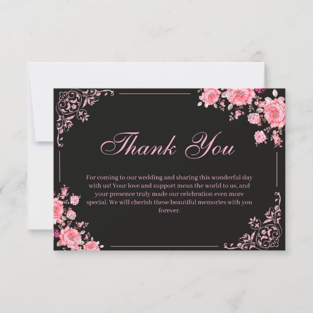 Black & Pink Floral Wedding Thank You Card (Front)