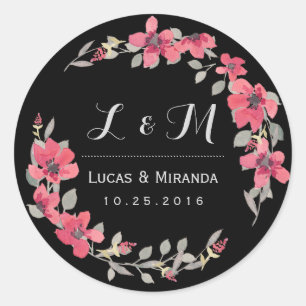 Black Pink Floral Wreath Wedding Favour Sticker
