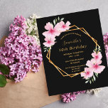 Black pink florals budget birthday invitation<br><div class="desc">A 50th (or any age) birthday party invitation with pink hibiscus flowers, greenery and a faux gold geometric frame. Elegant black background. Templates for a name written with a modern handlettered style script, templates for your party information. Golden text. Back: black background.¨ 1 sheet = 1 invitation printed edge to...</div>