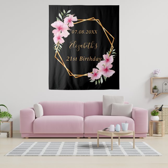 Black pink florals gold geometric birthday tapestry (Creator Uploaded)