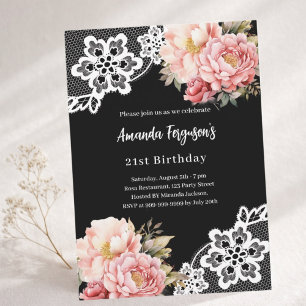 Black pink florals lace elegant birthday invitation