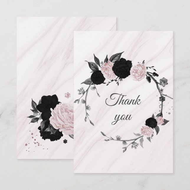 black & pink flowers botanical marble thank you ca (Front/Back)