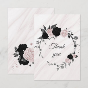 black & pink flowers botanical marble thank you ca card
