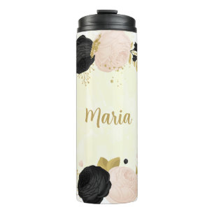 black  pink flowers gold botanical thermal tumbler