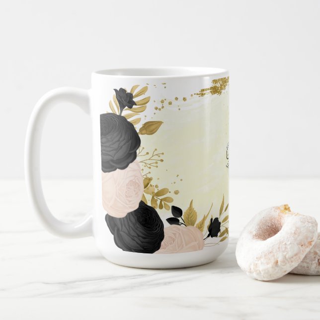 black  pink flowers gold botanical wedding coffee mug (With Donut)
