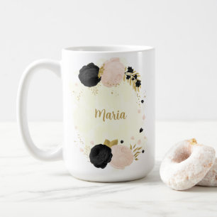 black pink flowers gold botanical wedding coffee mug