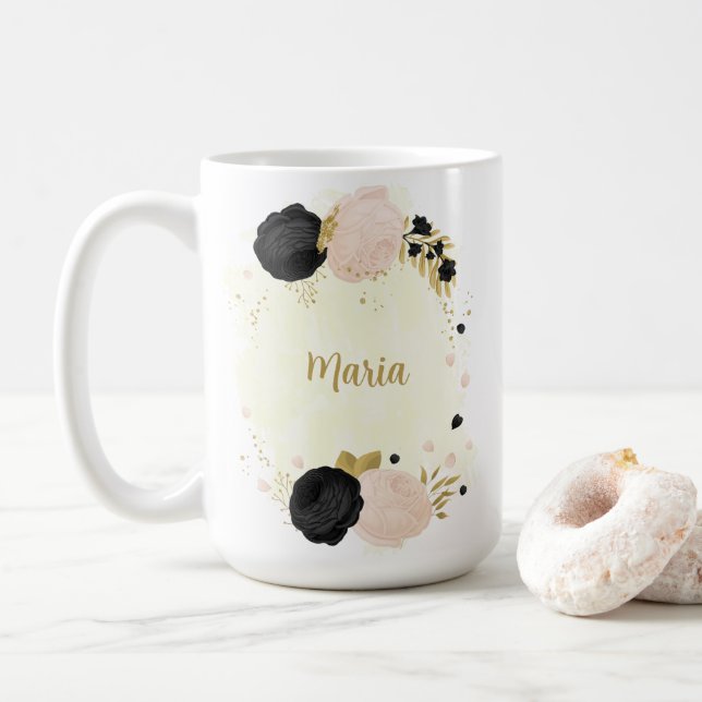 black  pink flowers gold botanical wedding coffee mug (With Donut)