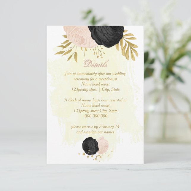 black  pink flowers gold botanical wedding details enclosure card (Standing Front)