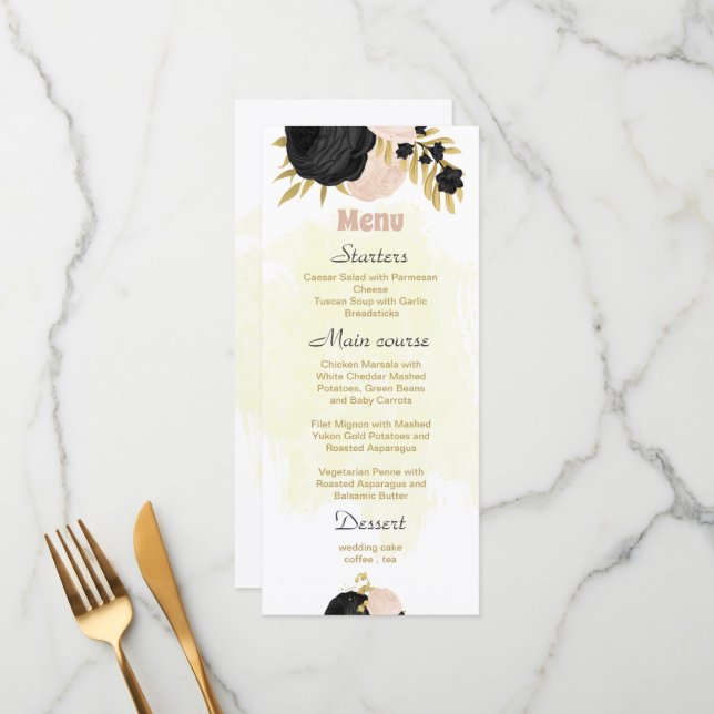 black  pink flowers gold botanical wedding menu (Front/Back In Situ)