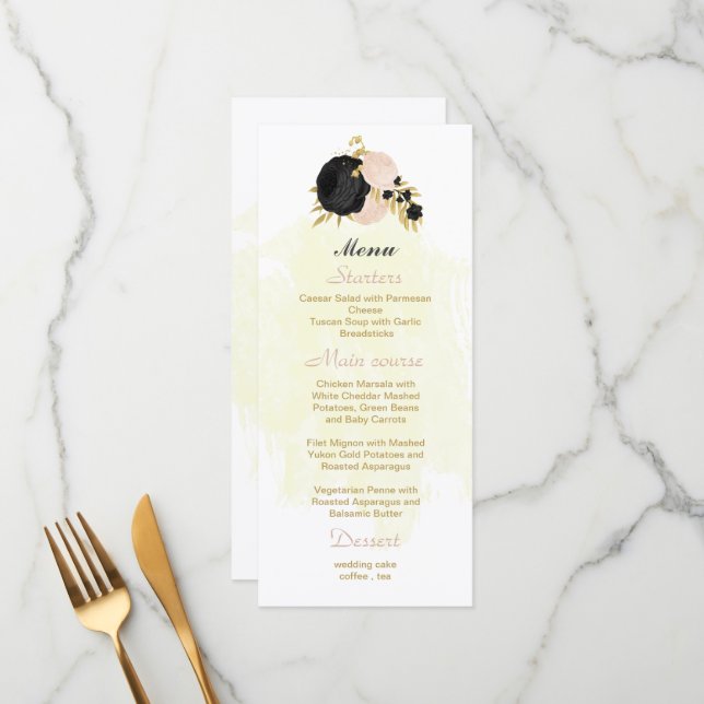 black  pink flowers gold botanical wedding menu (Front/Back In Situ)