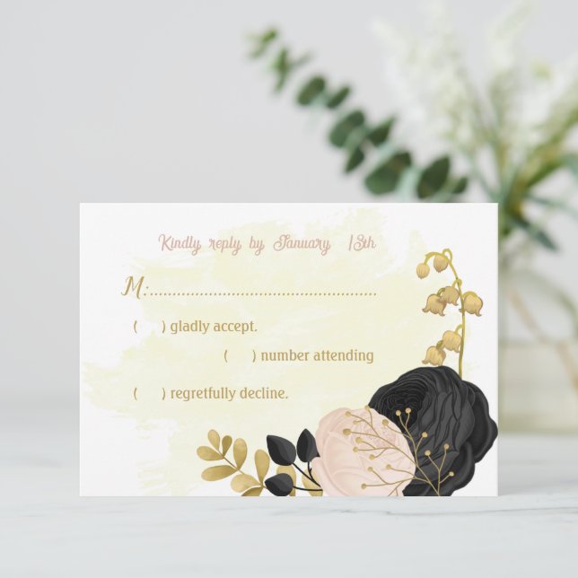 black  pink flowers gold botanical wedding RSVP ca Card (Standing Front)