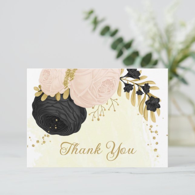 black & pink flowers gold botanical wedding thank you card (Standing Front)