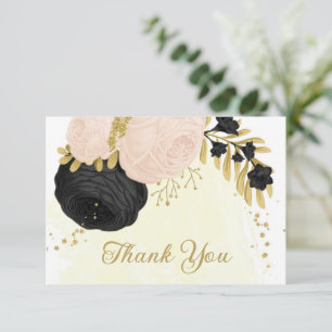 black & pink flowers gold botanical wedding thank you card