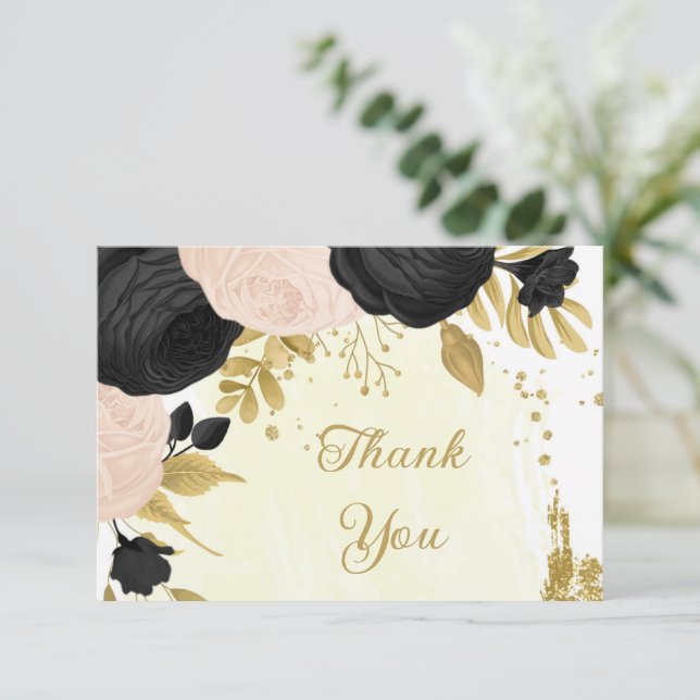 black & pink flowers gold botanical wedding thank you card (Standing Front)