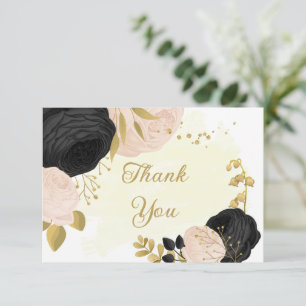 black & pink flowers gold botanical wedding thank you card
