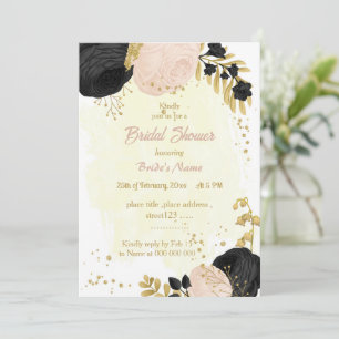 black & pink flowers gold bridal shower invitation