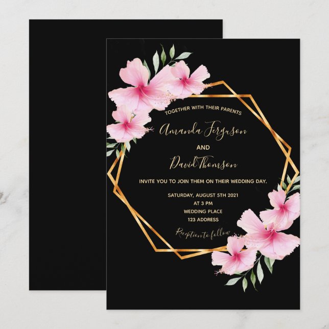 Black pink flowers gold geometric wedding invitation (Front/Back)