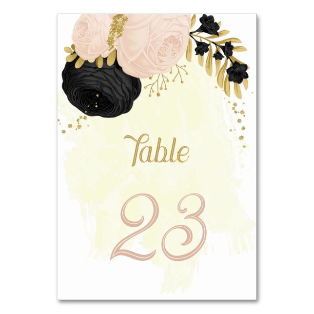 black & pink flowers gold wedding table number (Front)