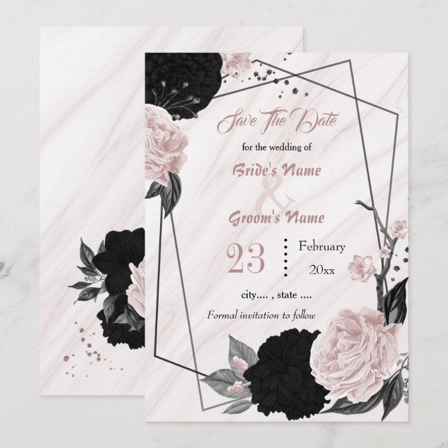 black pink flowers grey leaves botanical geometric save the date (Front/Back)
