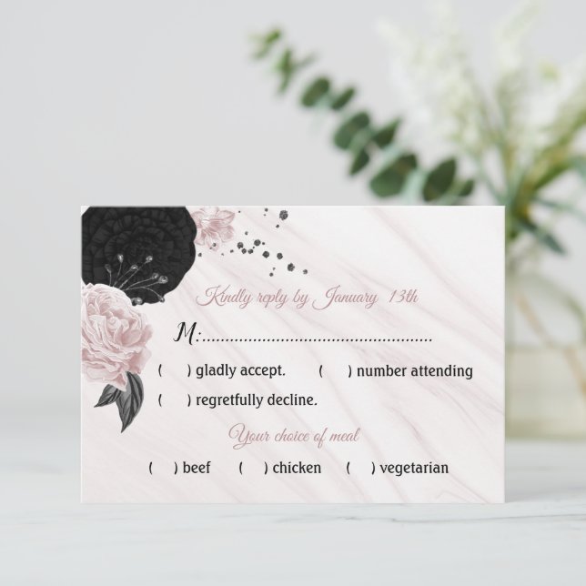  black & pink flowers marble meal choice RSVP card (Standing Front)