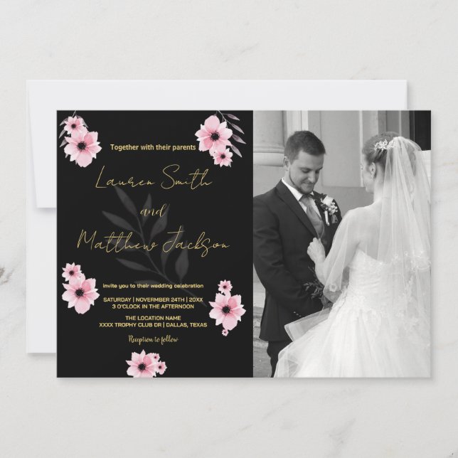 Black Pink Flowers Wedding Invitations with photo (Front)