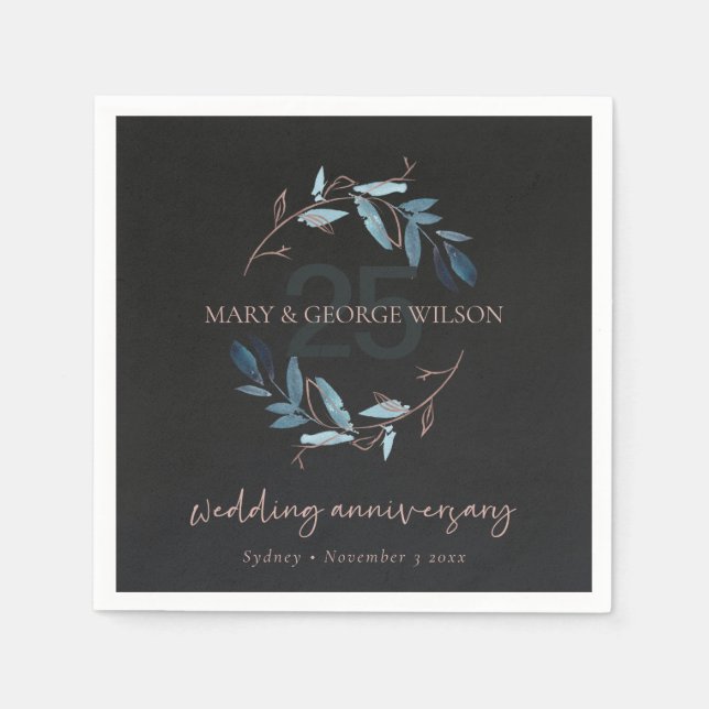 BLACK PINK FOLIAGE WREATH ANY YEAR 25 ANNIVERSARY NAPKIN (Front)