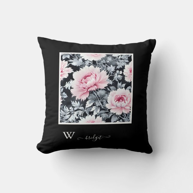 black & pink French Toile Hampton Style Throw Pillow (Front)