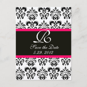 BLACK  PINK FUCHSIA AND WHITE DAMASK MONOGRAM ANNOUNCEMENT POSTCARD