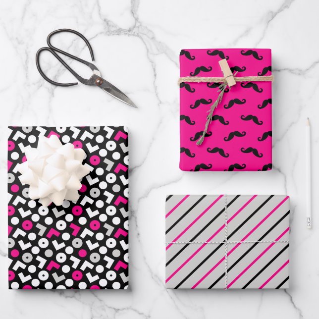 Black Pink Geometry Moustache Stripes Wrapping Paper Sheet (Front)