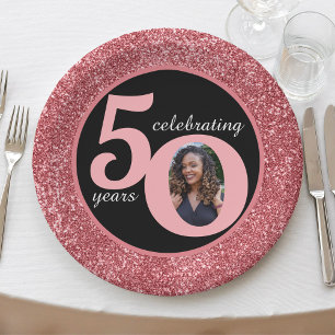 Black & Pink Glitter 50 Fifty Years 50th Birthday Paper Plate