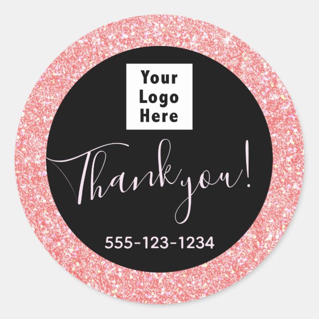 Black Pink Glitter Custom Named Logo Classic Round Sticker (Front)