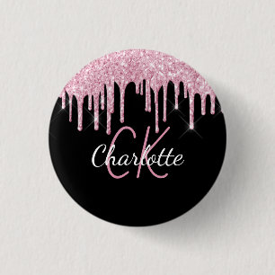 Black pink glitter drips custom monogram name 1 inch round button