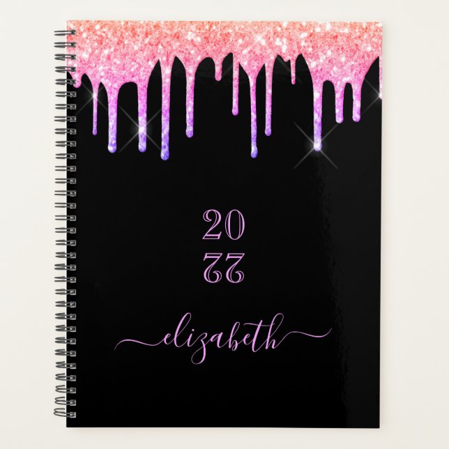 Black pink glitter drips name planner (Front)