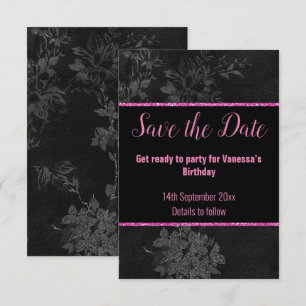 BLACK PINK GLITTER FLORAL SAVE THE DATE  RSVP CARD