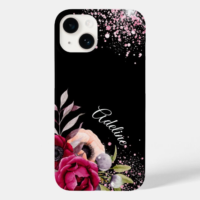 Black pink glitter flowers burgundy monogram Case-Mate iPhone case (Back)